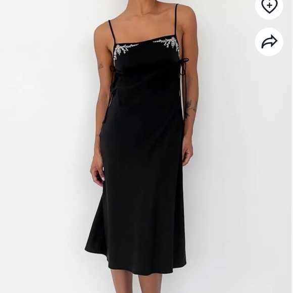 Rumored Dresses & Skirts - Rumored Meadow Midi Dress in Black - slinky midi with embroidered details